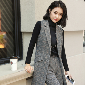 2019新款秋冬时尚格子女西装马甲套装女ol无袖外套时髦洋气中长款