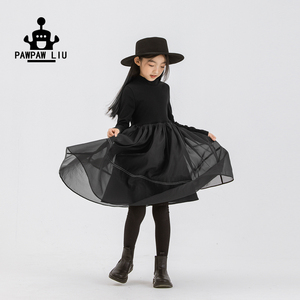 Pawpaw Liu原创设计女童连衣裙春秋款新品薄绒针织公主裙黑纱裙潮