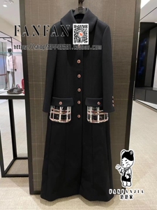 chanel/香奈儿 22a 手工坊 深蓝色羊毛亮片口袋翻领长外套大衣