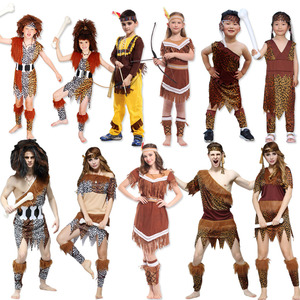 万圣节男女亲子演出表演服 豹纹印第安野人服部落土著原始人服装