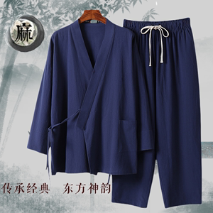 中国风亚麻套装男七分袖大码唐装改良汉服道袍太极运动棉麻两件套
