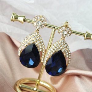 宝贝王瑞欧美外贸饰品日韩首饰金色水滴形大气镶蓝宝石耳钉10055