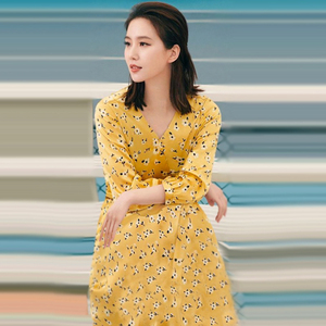 明星刘诗诗同款长裙公主风夏季时尚中长款收腰黄色碎花短袖连衣裙
