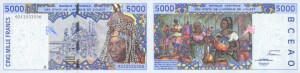 西非科特迪瓦5000法郎cote divoire 1992年P113Aa首版新边缘黄斑