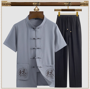 中式棉麻男式唐装套装日常休闲新款夏装禅修服中国风短袖男功夫装
