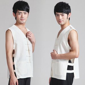 中式老粗麻布马褂套装 黄包车夫两件套 挑山工舞台表演服男士夏装