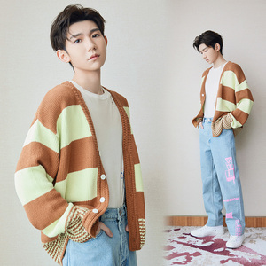 王源同款衣服v领长袖针织衫女秋季宽松慵懒开衫毛衣韩版外套男潮