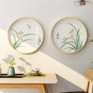 圆形兰花挂画新中式餐厅装饰画饭厅透明画客厅背景墙面壁画