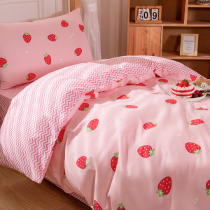 纯棉学生宿舍床上三件套100全棉寝室粉色草莓被套床单被子套装六