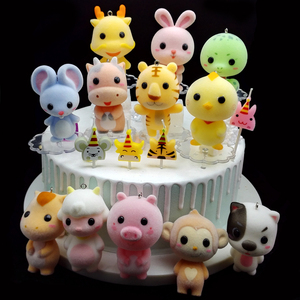 植绒12生肖摆件十二动物生日蛋糕装饰鼠牛老虎兔龙蛇马羊猴鸡狗猪