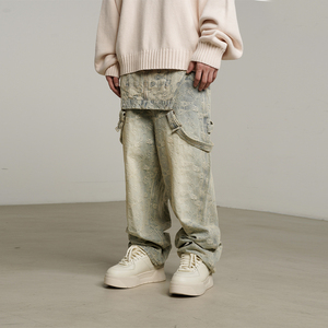 1807秋季新款腰果花牛仔背带裤宽松直筒水洗男装休闲长裤情侣国潮