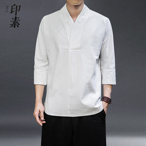 中式男装民族居士唐装青年茶服亚麻改良中国风汉服短袖禅修服道服