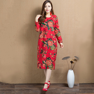 春秋女装棉麻连衣裙九分中长袖民族风被面花布长款女士长裙子