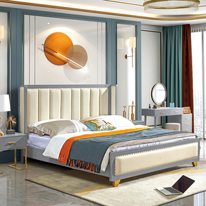 主卧床头轻奢次卧高级灰色蓝实木软包现代简约储物大双人靠背美式