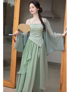 早春女装新中式禅意绿色吊带汉元素国风半身裙配开衫三件套超仙气