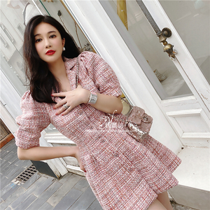 钰懿纺 暗粉色粗花呢花扣短袖连衣裙女秋季西装领显瘦气质中长裙