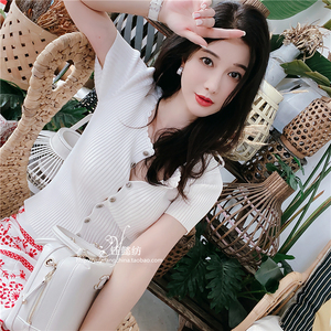 钰懿纺 白色光丝针织上衣修身显瘦短袖开衫薄款女早秋百搭针织衫