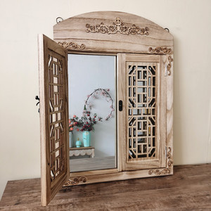 实木中式假窗户装饰仿真电表箱做旧镜子复古窗框花园墙面木窗挂饰