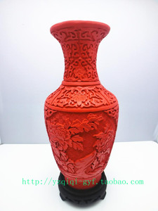 包邮扬州漆器 红雕漆 富贵牡丹 12英寸 花瓶 婚嫁生日礼品