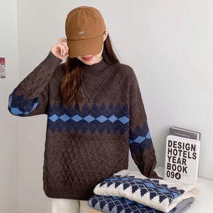 hs2059立体菱格复古提花重工麻花拼色半高领套头针织衫女百搭毛衣