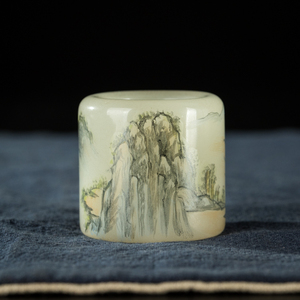 藏传老物件 清代乾隆年造办处彩绘山水画料器扳指大指环戒指收藏