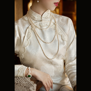 染露香 top ulara 春秋少女轻婚纱重工钉珠提花双圆襟古法旗袍