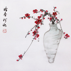 原创手绘写意国画梅瓶梅花字画斗方小品书画作品原稿宣纸水墨画芯
