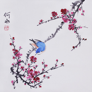 原创手绘小写意花鸟国画梅花挂画斗方装饰画爆款小清新字画保真迹