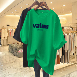 绿色短袖t恤女2024年新款夏装大码宽松版长款遮屁股半袖上衣ins潮
