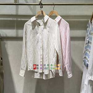 依恋/E·LAND专柜正品2024年夏款女式条纹长袖上衣衬衫EEYSE24E01