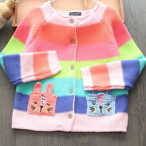 新品春季女童毛衣 大彩条兔子口袋纯棉宝宝开衫 针织衫可爱彩虹色