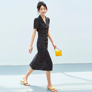 cici dvf夏季新款茶歇裙弹力真丝波点印花前系扣短款翻领连衣裙女