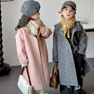韩国童装新款男女童双面羊绒呢大衣儿童驼羊绒中长款连帽毛呢外套