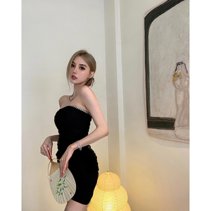 潘宁static 一字肩黑色裹胸连衣裙女辣妹性感气质包臀裙子一步裙