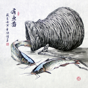 陈倩纯手绘四尺斗方国画真迹新中式简约客厅玄关装饰画无框有鱼图