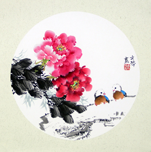 李文琴纯手绘真迹小品花鸟画荷花三尺斗方圆形牡丹客厅玄关装饰画