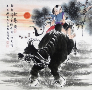 何奕勇纯手绘真迹四尺斗方国画生肖牛书房玄关走道挂画牧童牧牛图