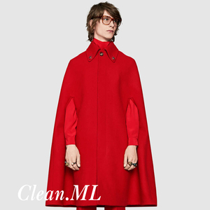 秋冬红色无袖披肩斗篷羊毛呢子大衣男士中长款宽松羊绒风衣外套潮