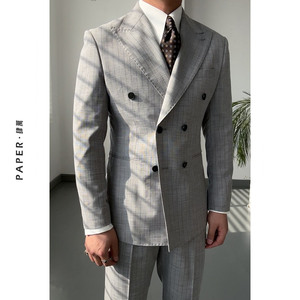 时尚型男双排扣条纹西装套装意式那不勒斯绅士灰西服商务婚礼宴会