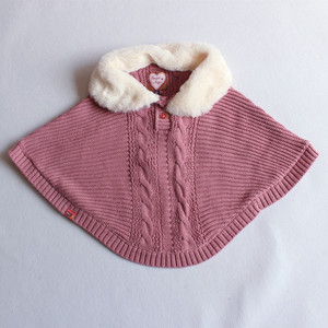 法单女童纯棉线针织斗篷 柔软 白毛领小中大童春秋甜美风披肩外套