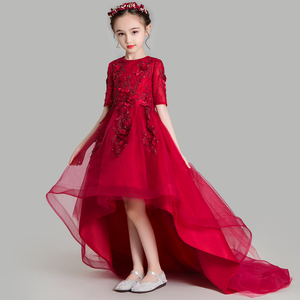 女童公主裙蓬蓬纱儿童鱼尾u花童晚礼服红色婚纱裙超长拖尾小主持