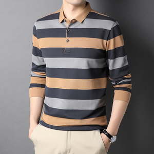 男士条纹长袖t恤春秋薄款宽松休闲中年爸爸带领polo衫男装体桖土