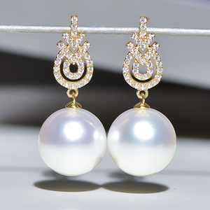 鑫润 13-14mm复古款18k金南洋澳白海水珍珠耳环耳饰耳钉耳坠正圆