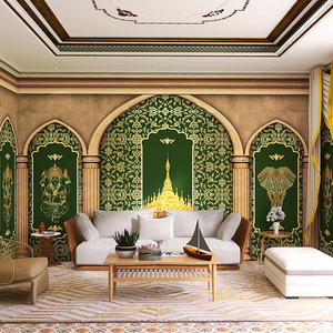 东南亚餐厅餐馆壁纸剧本杀店异国建筑风情民宿酒店3d泰式花纹墙纸