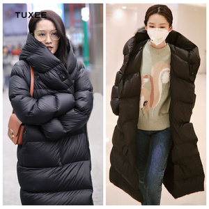 tuxee明星李沁同款衣服韩版黑色羽绒服加厚中长过膝90白鸭绒外套