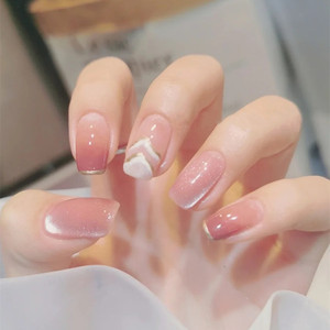 蜜桃粉假指甲全贴片晶石猫眼光疗法式山丘纹渐变穿戴式成品美甲片