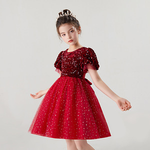 女童礼服红色亮片短袖蓬蓬纱公主裙小女孩洋气六一儿童舞蹈演出服