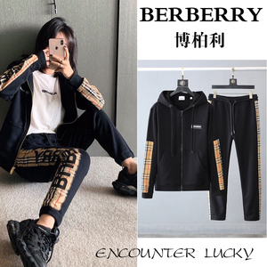 代购burberry/巴宝莉外套女经典格纹拼接字母卫衣休闲运动男套装