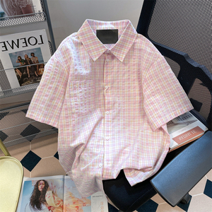 日系港风甜美粉色格子短袖衬衫男女夏季高级设计感小个子上衣外套