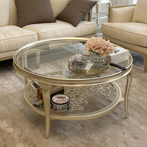 美式创意客厅家具钢化玻璃圆形茶几不锈钢漏空现代轻奢实木茶几